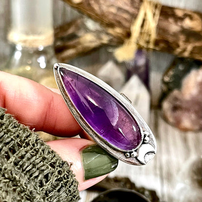 Purple Amethyst Ring Sterling Silver | Big Witchy Crystal Jewelry | Magic Moon | Adjustable Statement Ring 6-10 Gothic Gemstone Jewelry