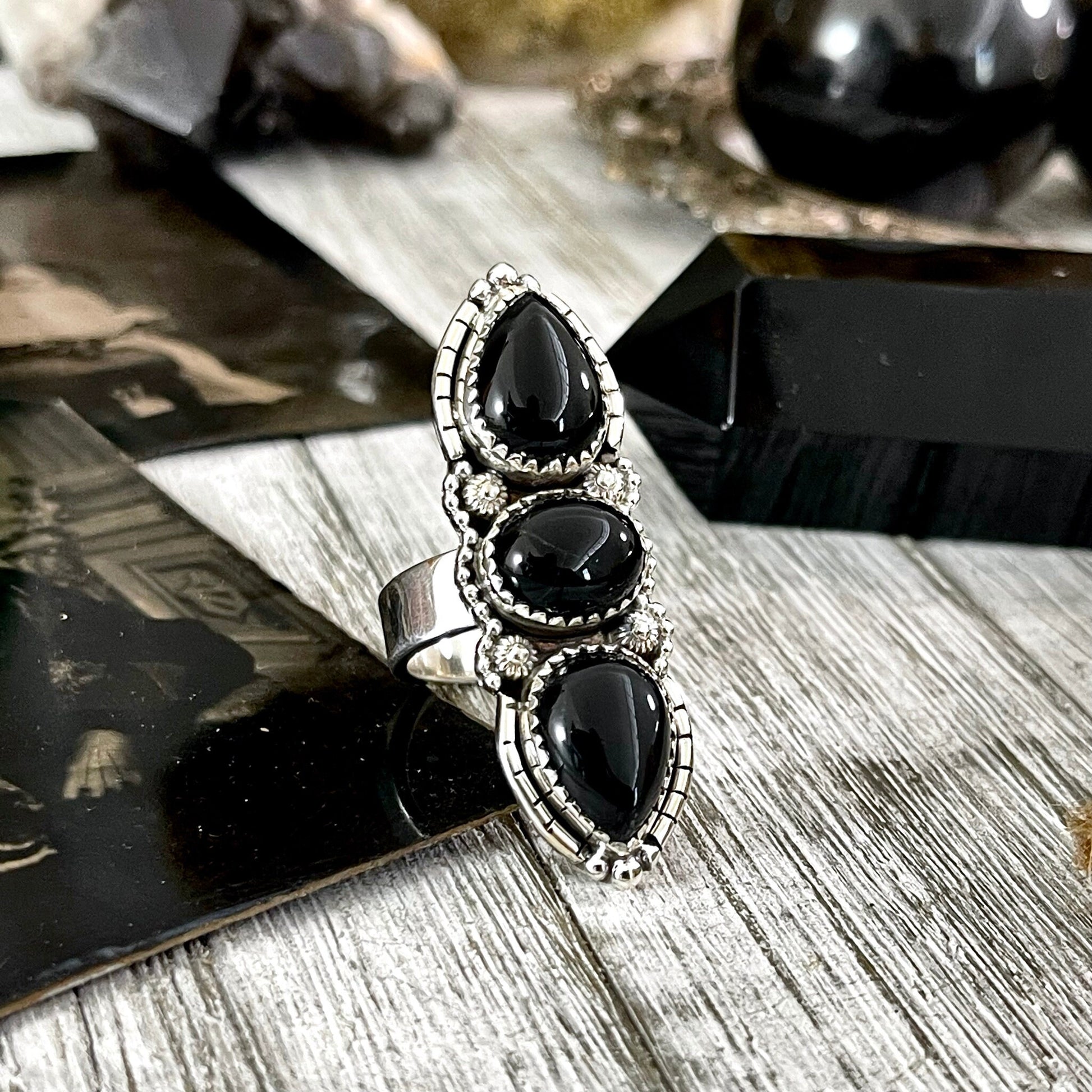 Three Stone Black Onyx Ring in Sterling Silver- Designed by