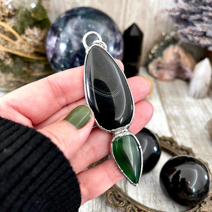 Crystal Teardrop Black Agate and Green Agate Necklace / Gothic Jewelry