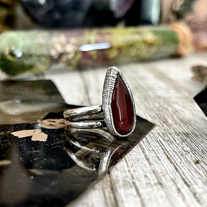 Teardrop Red Carnelian Ring Fine Silver Size 6 7 / Foxlark Collection