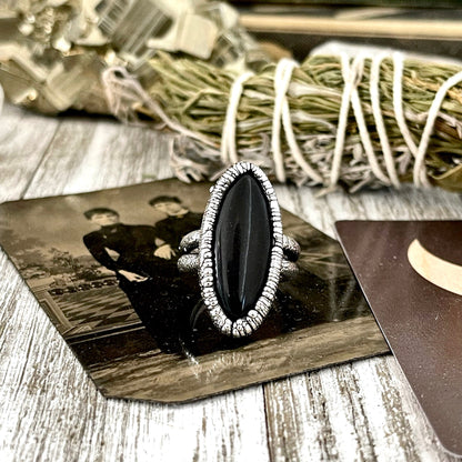 Oval Black Onyx Stone Ring in Fine Silver Size 6 7 8 9 / Foxlark Collection