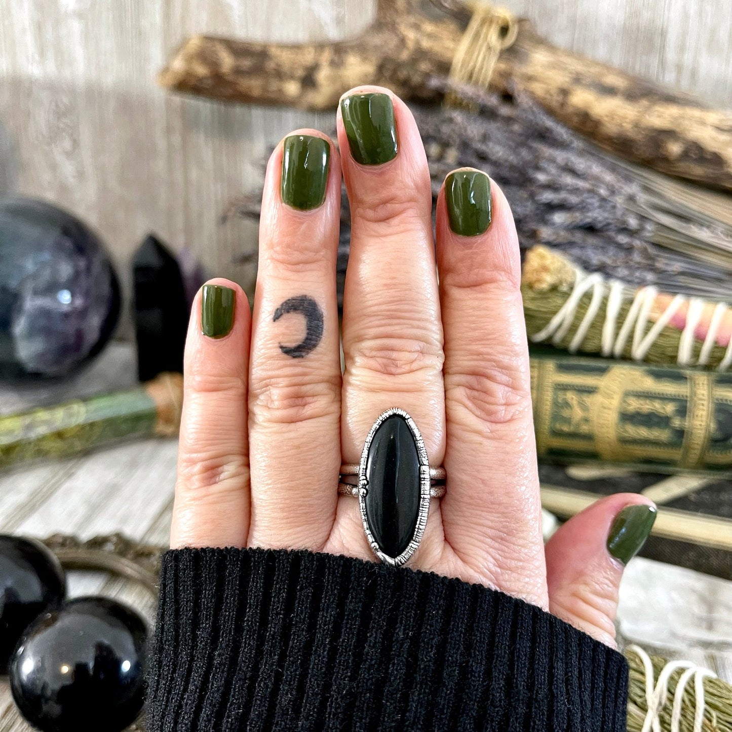 Oval Black Onyx Stone Ring in Fine Silver Size 6 7 8 9 / Foxlark Collection