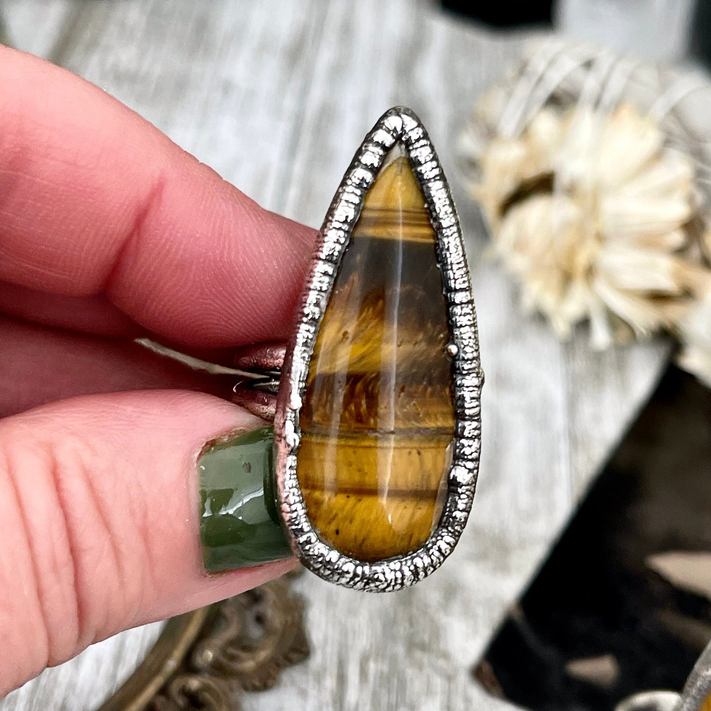 Tigers Eye Sterling Silver Ring Size 5 6 7 8 / Bohemian Stone Statement Ring