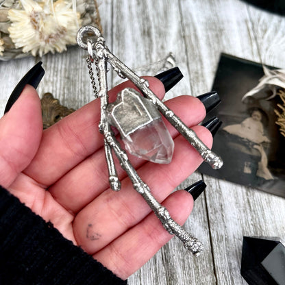 Sticks & Stones Collection- Clear Quartz Necklace in Fine Silver // Big Crystal Necklace Witchy Jewelry Gothic Pendant Boho Festival Jewelry