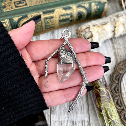 Sticks & Stones Collection- Clear Quartz Necklace in Fine Silver // Big Crystal Necklace. Witchy Jewelry Gothic Pendant / Boho Alternative