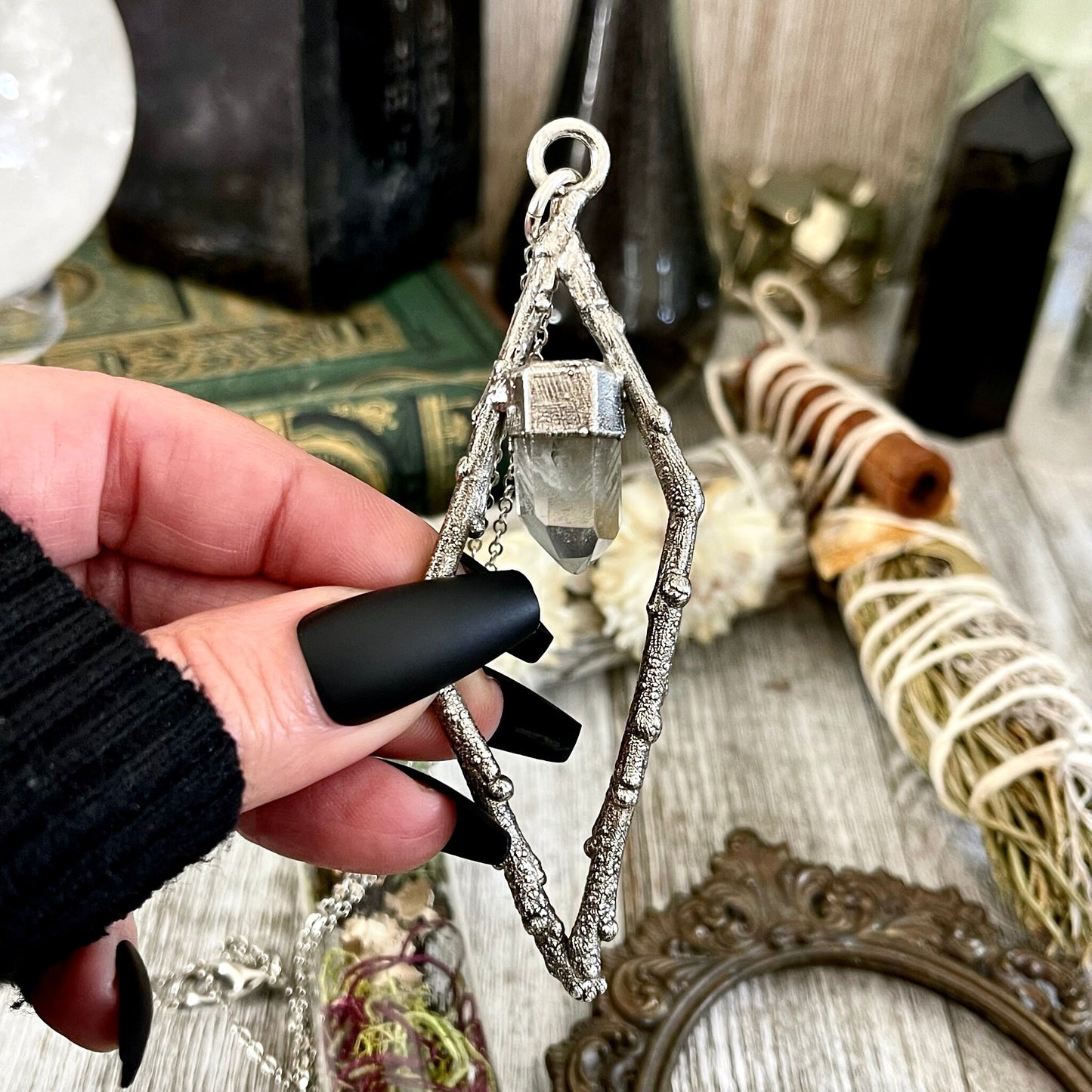 Sticks & Stones Collection- Phantom Clear Quartz Necklace in Fine Silver // Big Crystal Necklace Witchy Jewelry Gothic Pendant Boho
