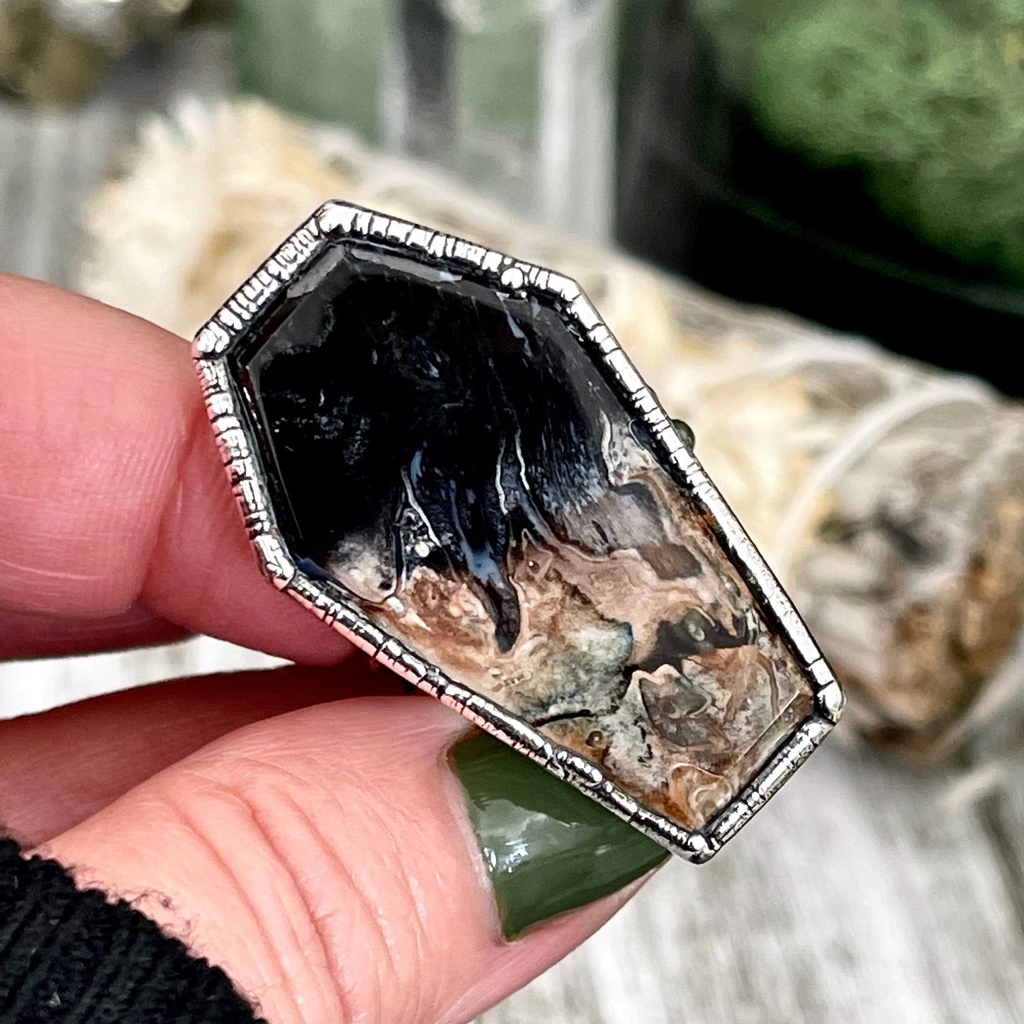 Size 10 Fossilized Palm Root Coffin Statement Ring in Fine Silver / Foxlark Collection - One of a Kind / Big Crystal Ring Witchy Jewelry
