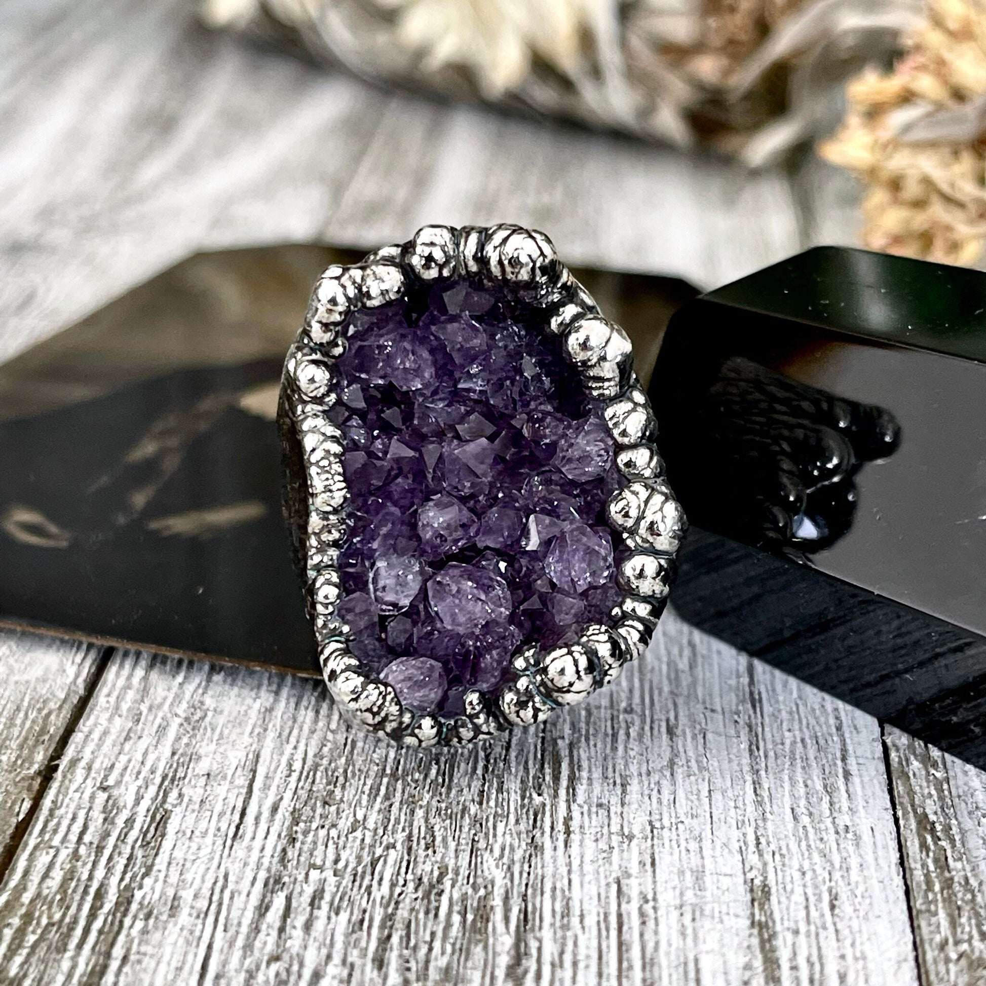 Size 8 Big Raw Amethyst Purple Crystal Ring in Fine Silver / Foxlark Collection - One of a Kind / Big Crystal Ring Witchy Jewelry Gemstone