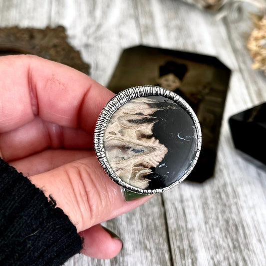 Size 6.5 Large Fossilized Palm Root Statement Ring in Fine Silver / Foxlark Collection - One of a Kind / Big Crystal Ring Witchy Jewelry