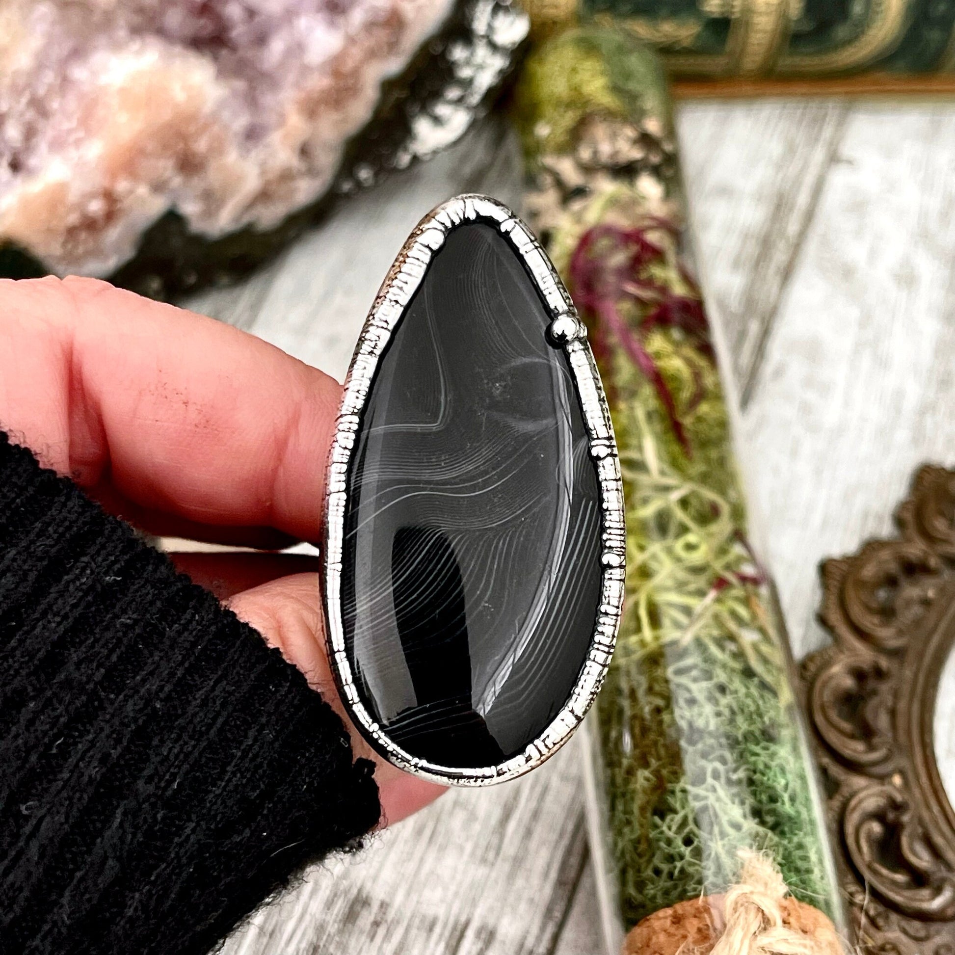 Size 8 Large Natural Black Banded Agate Ring in Fine Silver/ Foxlark Collection - One of a Kind / Big Crystal Ring Witchy Jewelry Gemstone