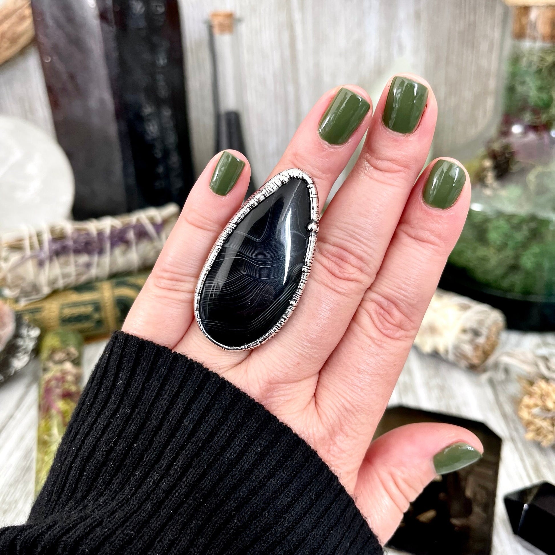 Size 8 Large Natural Black Banded Agate Ring in Fine Silver/ Foxlark Collection - One of a Kind / Big Crystal Ring Witchy Jewelry Gemstone