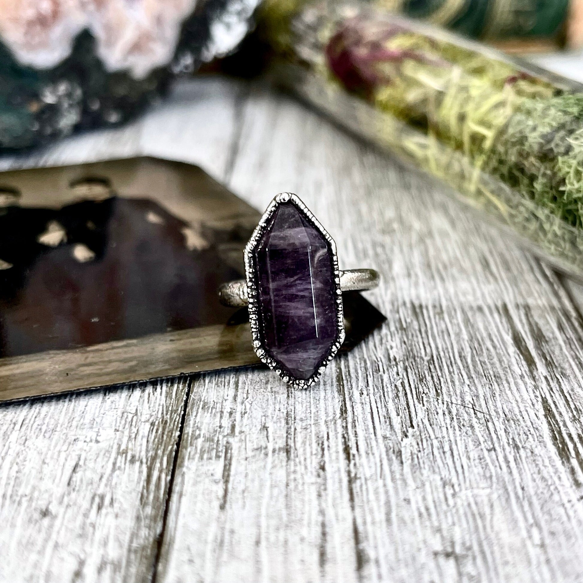Size 6 Amethyst Point Ring Set in Fine Silver / Foxlark Collection - One of a Kind / Big Crystal Ring Witchy Jewelry / Gothic Jewelry