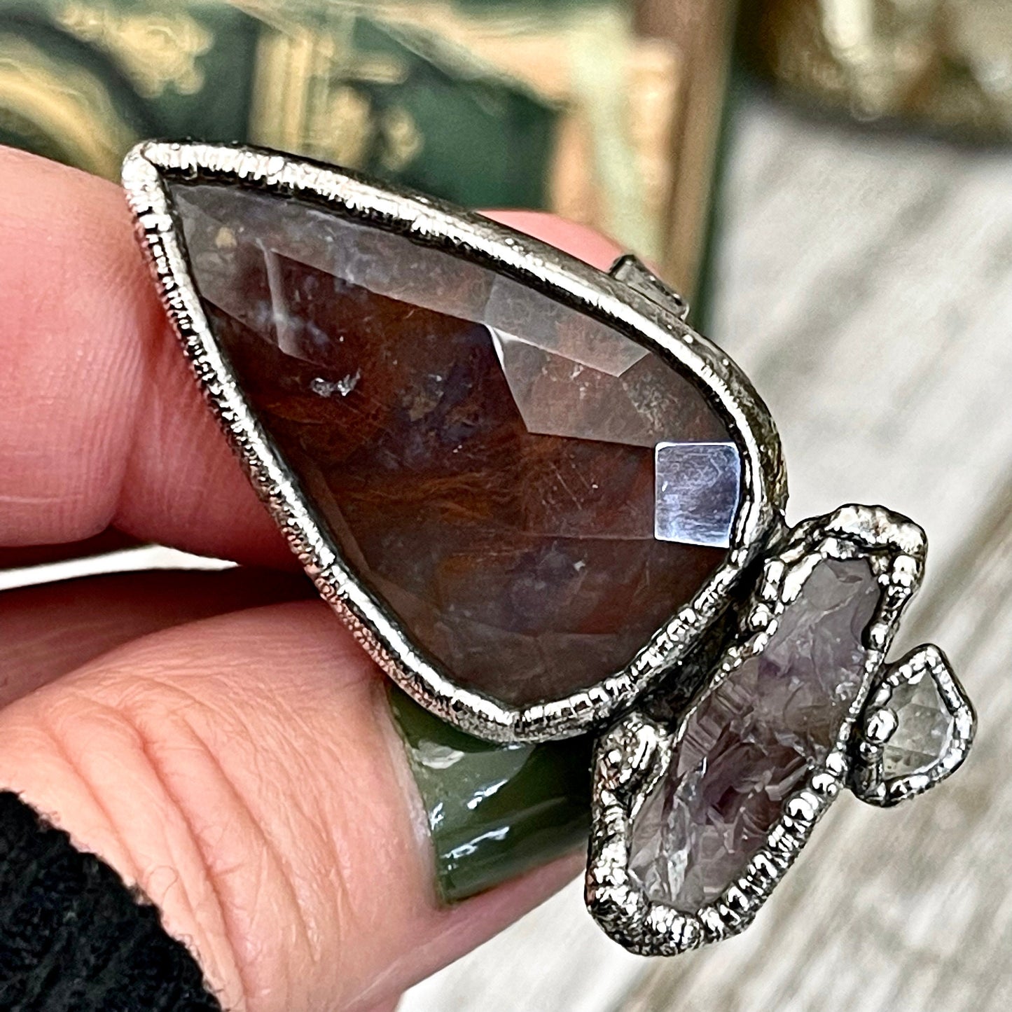 Size 6.5 Crystal Ring - Three Stone Fancy Moss Agate Amethyst Herkimer Silver Ring / Foxlark Collection - One of a Kind / Crystal Jewelry