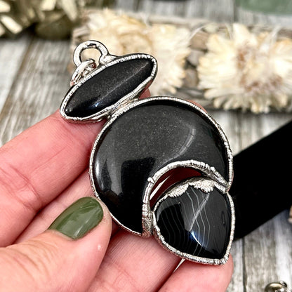 Three Stone Black Onyx Black Banded Agate Necklace in Fine Silver / Foxlark - One of a Kind Jewelry // Witchy Alternative Pendent