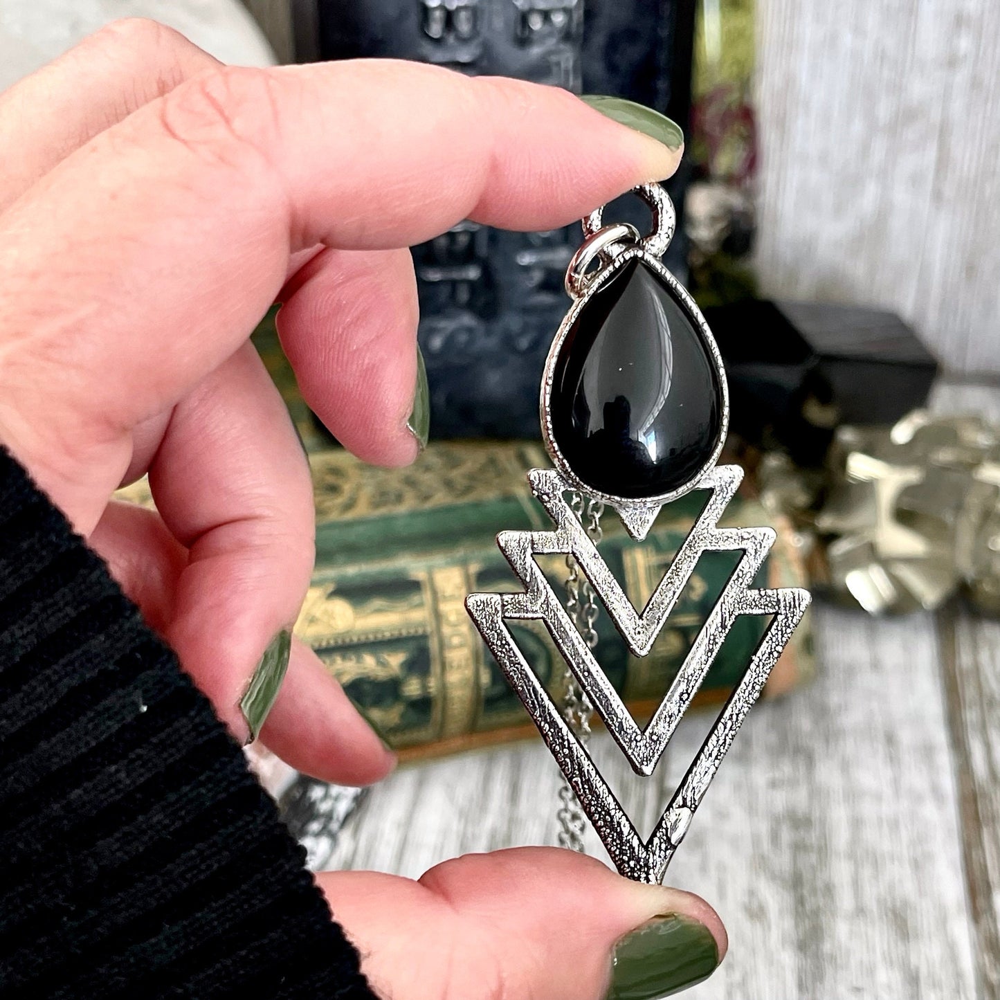 Moss & Moon Collection -Black Onyx Statement Necklace set in Fine Silver / / Alternative Witchy Pendent Boho Electroformed Jewelry