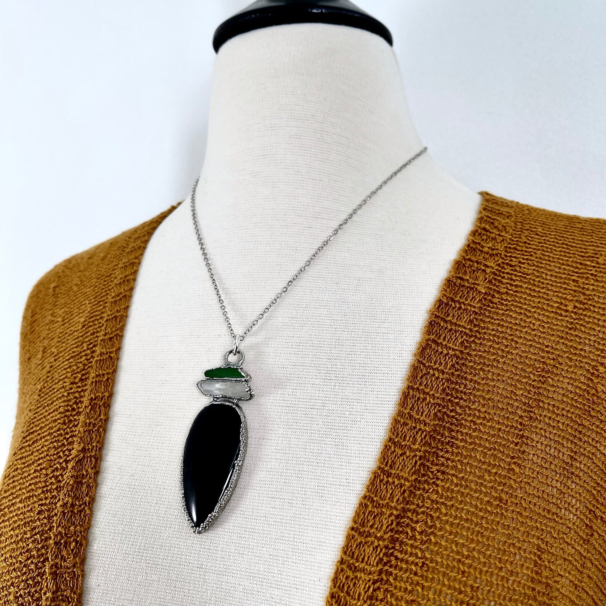 Three Stone Sea Glass Clear Quartz Black Banded Agate Necklace in Fine Silver / Foxlark Collection - One of a Kind Jewelry // Boho Pendent