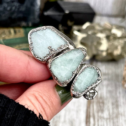 Size 9.5 Crystal Ring - Four Stone Aquamarine Raw Herkimer Diamond Quartz Ring In Silver / Foxlark - One of a Kind / Blue Crystal Jewelry