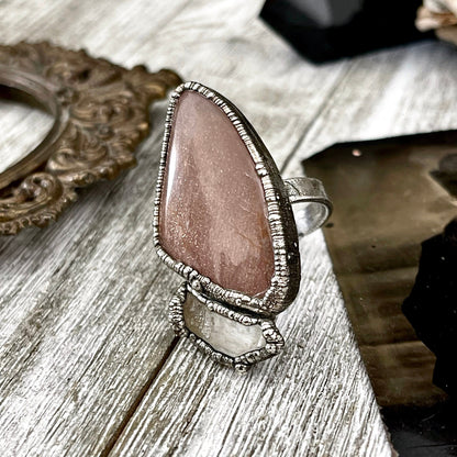 Size 8 Two Stone Ring- Peach Moonstone Clear Quartz Crystal Ring Fine Silver / Foxlark Collection - One of a Kind / Statement Jewelry