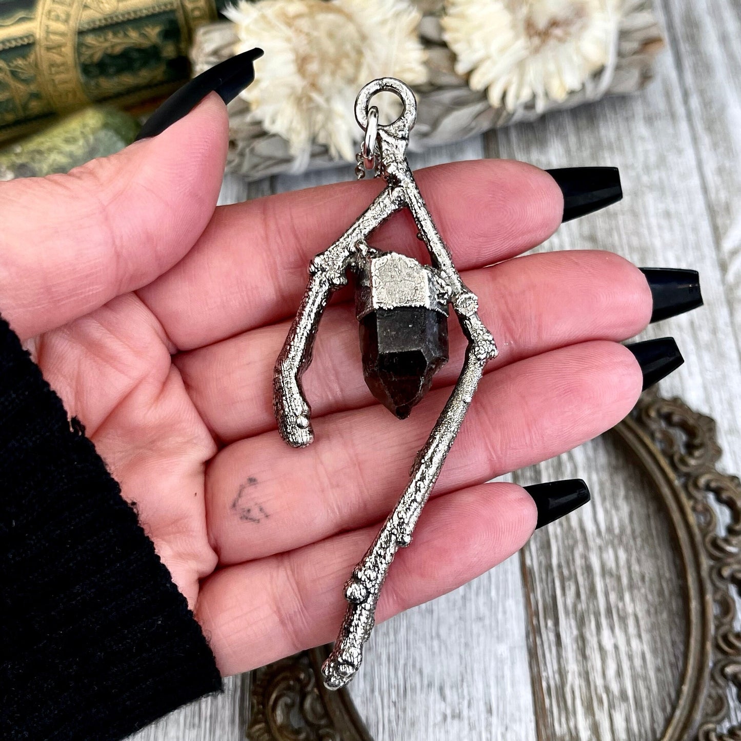 Sticks & Stones Collection- Smokey Quartz Necklace in Fine Silver // Big Crystal Necklace. Witchy Jewelry Gothic Pendant Bohemian Festival