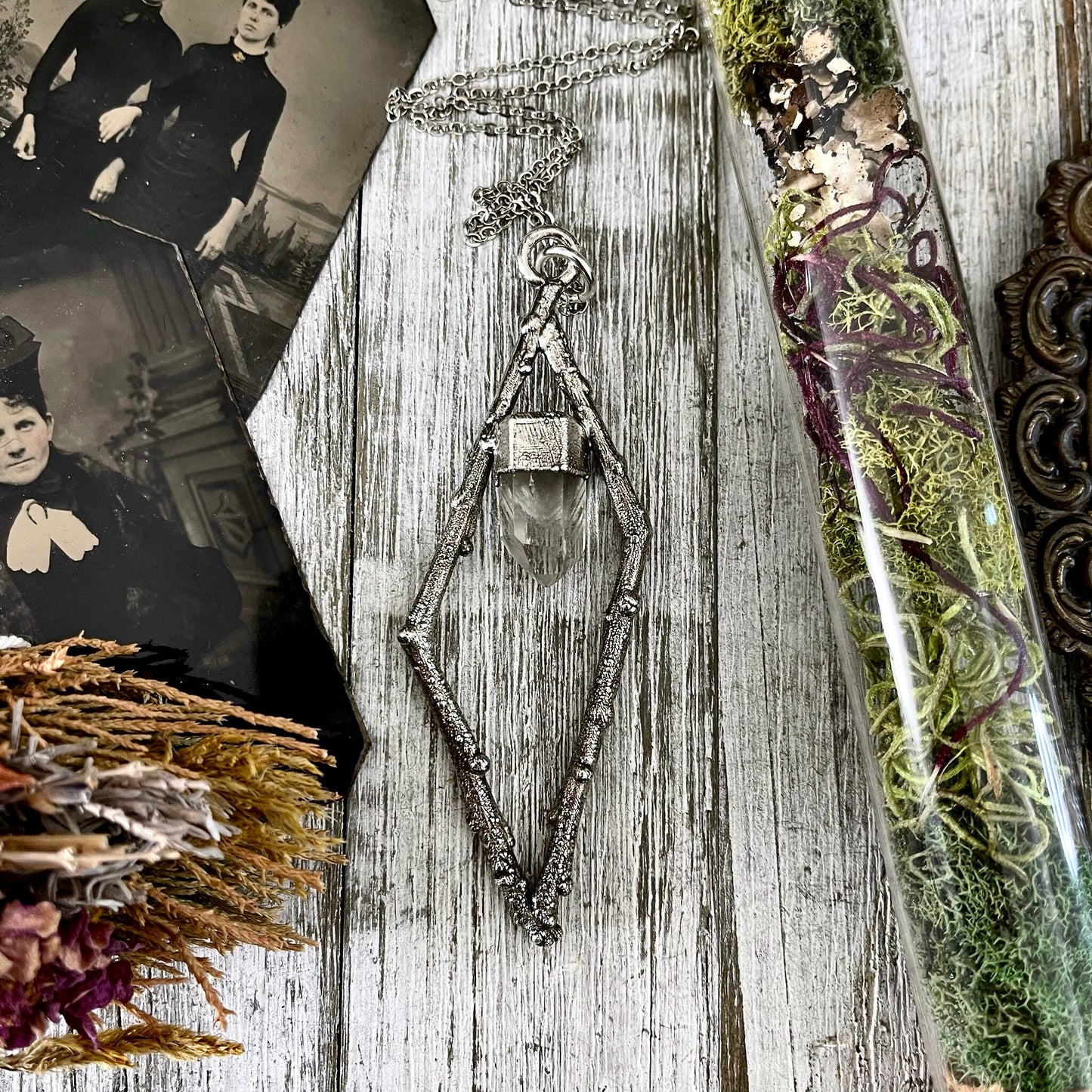Sticks & Stones Collection- Phantom Clear Quartz Necklace in Fine Silver // Big Crystal Necklace Witchy Jewelry Gothic Pendant Boho
