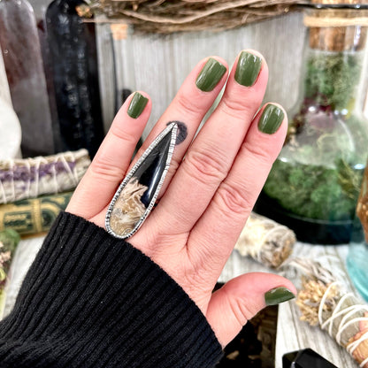 Size 8 Large Fossilized Palm Root Statement Ring in Fine Silver - Black Stone Ring / Foxlark Collection - One of a Kind / Gothic Jewelry