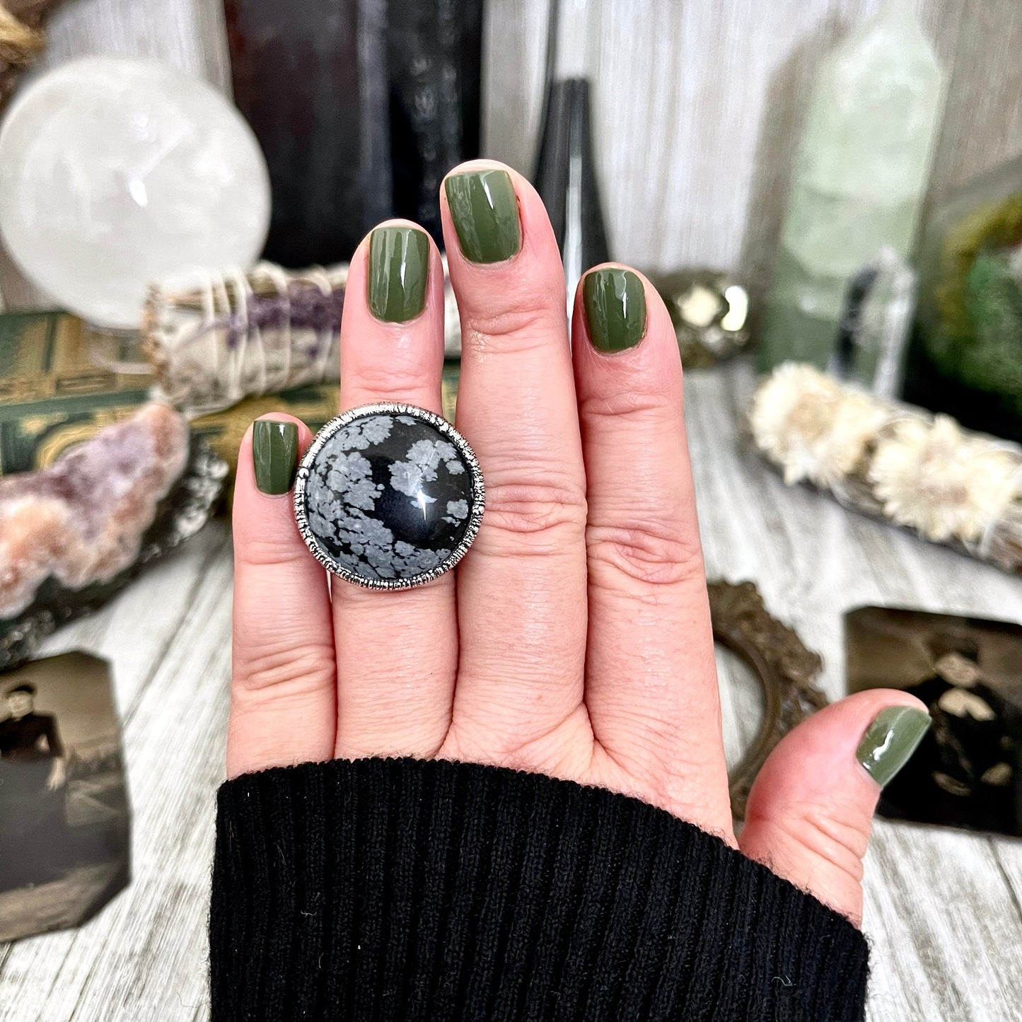 Size 5.5 Snowflake Obsidian Ring in Fine Silver / Foxlark Collection - One of a Kind / Big Crystal Ring Witchy Jewelry / Gothic Jewelry