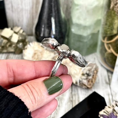 Size 8.5 Crystal Ring - Three Stone Clear Quartz Ring in Silver / Foxlark Collection - One of a Kind / Big Boho Crystal Jewelry