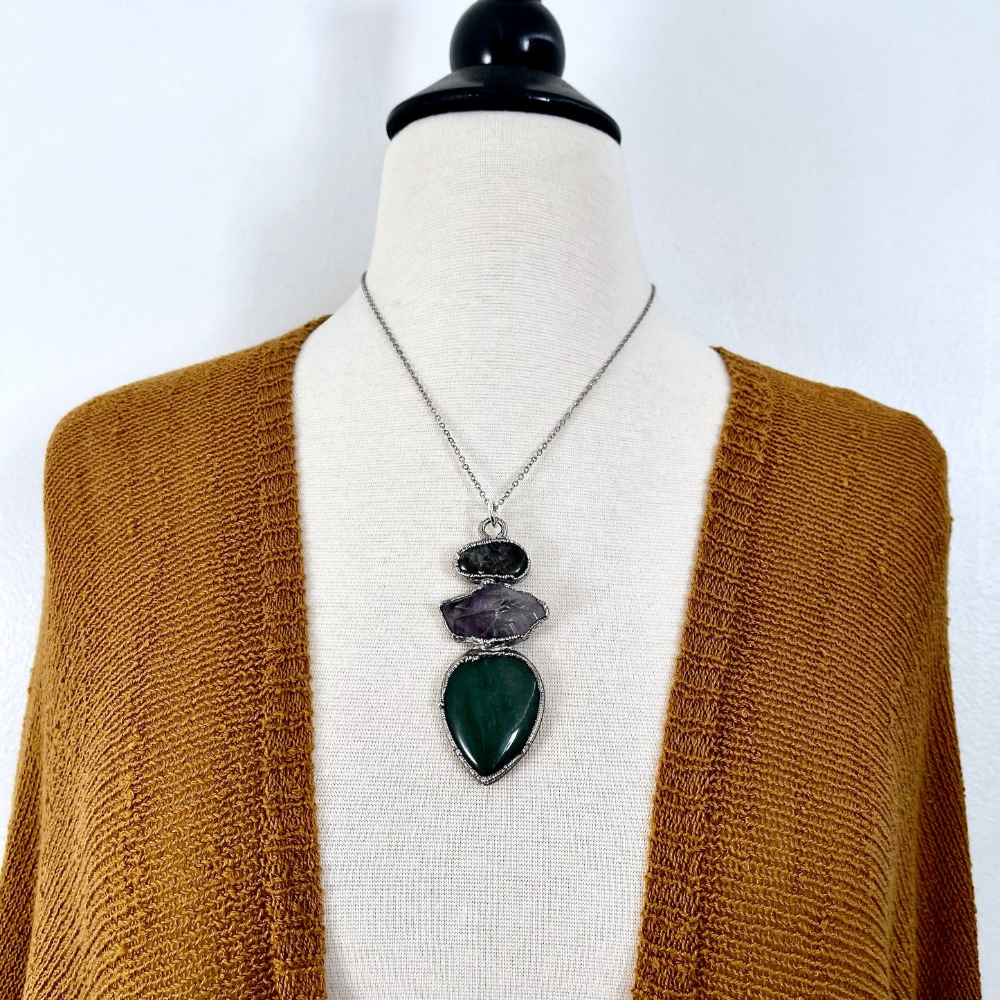 Three Stone Green Aventurine Raw Purple Amethyst Grey Tourmaline Quartz Necklace in Fine Silver / Foxlark Collection - One of a Kind Jewelry