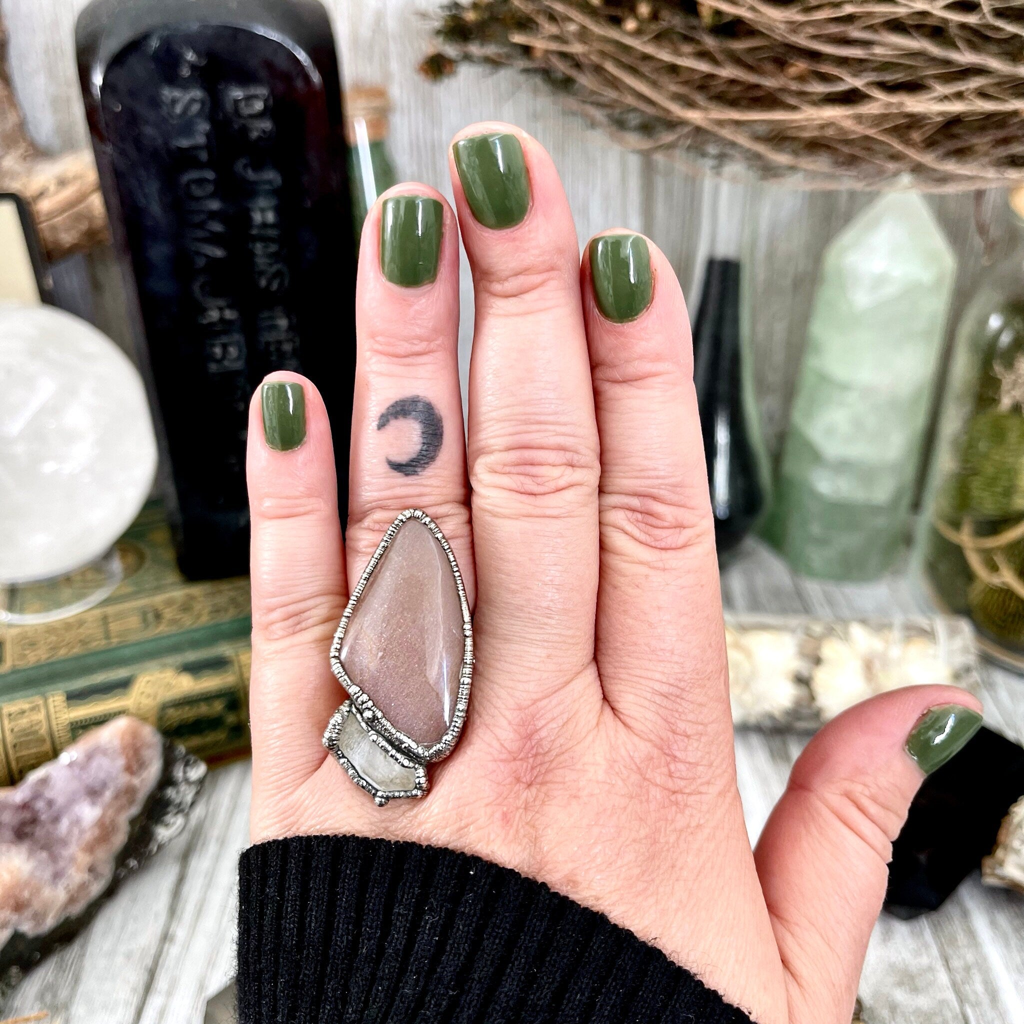 Size 8 Two Stone Ring Peach Moonstone Clear Quartz Crystal Ring Fine Foxlark Crystal Jewelry