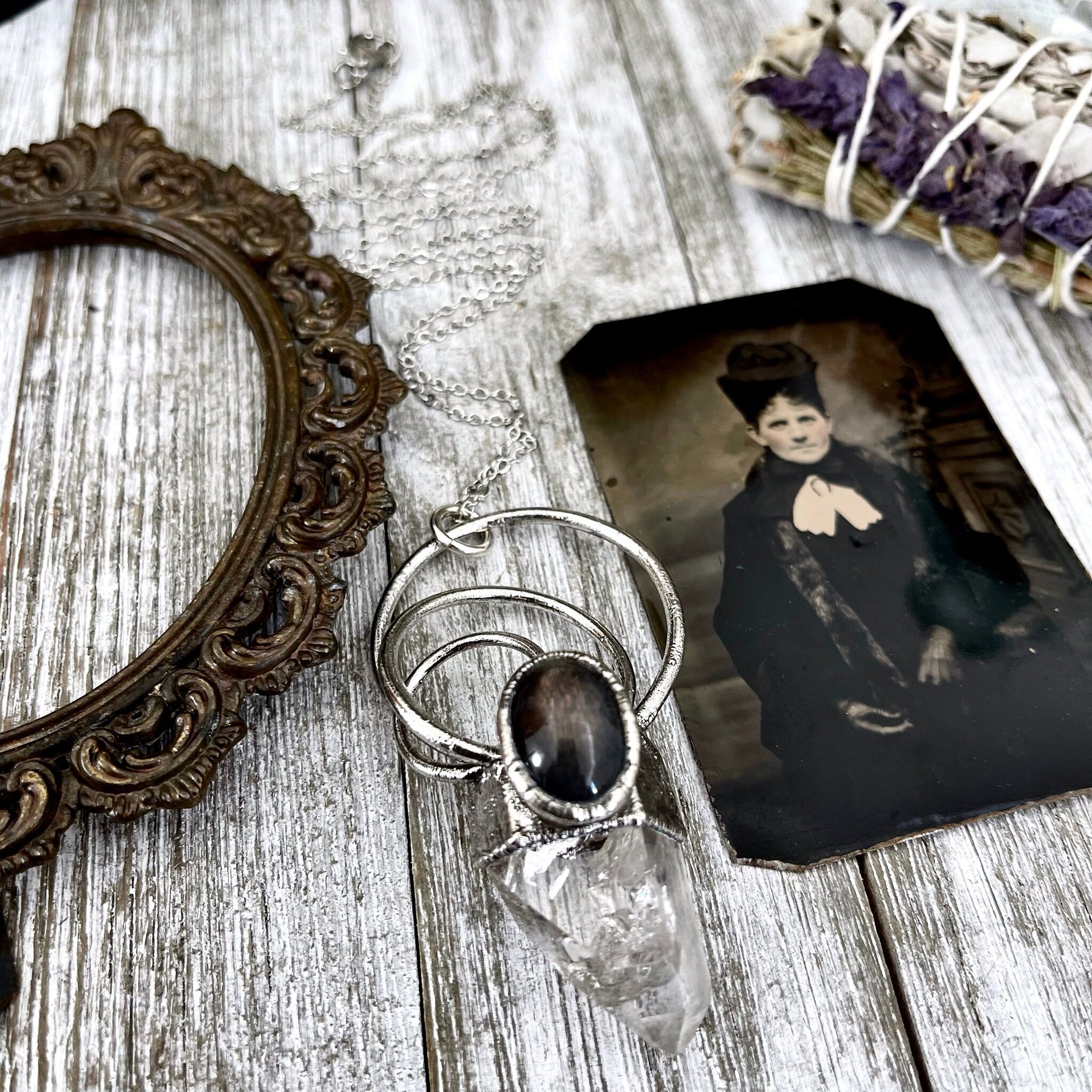 Large Clear Quartz Black Star Sunstone Crystal Necklace Pendant in Fine Silver / Witchy Necklace Goth Jewelry/ Witch Necklace / Gothic