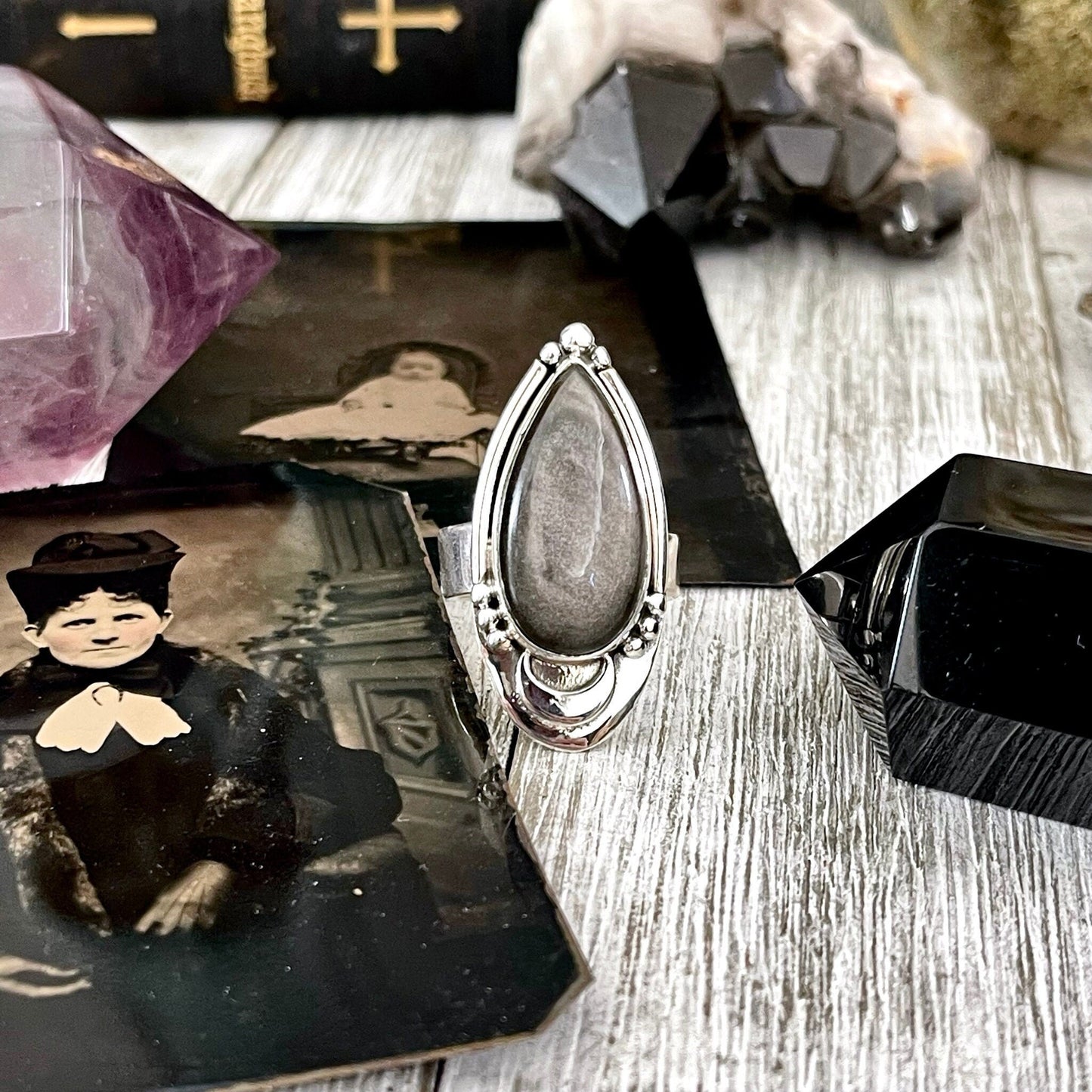 Midnight Moon Silver Sheen Obsidian Teardrop Crystal Ring in Sterling Silver- Designed by FOXLARK Collection Adjustable to Size 6 7 8 9