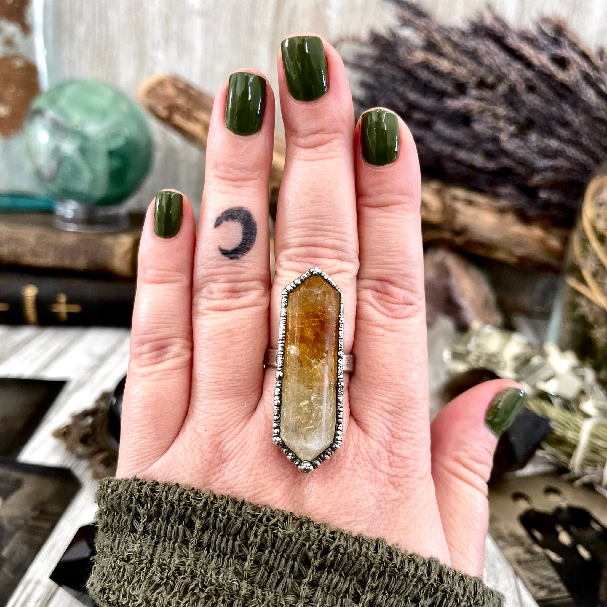 Yellow Citrine Ring Crystal Point Ring Set Silver Size 5 6 7 8 9
