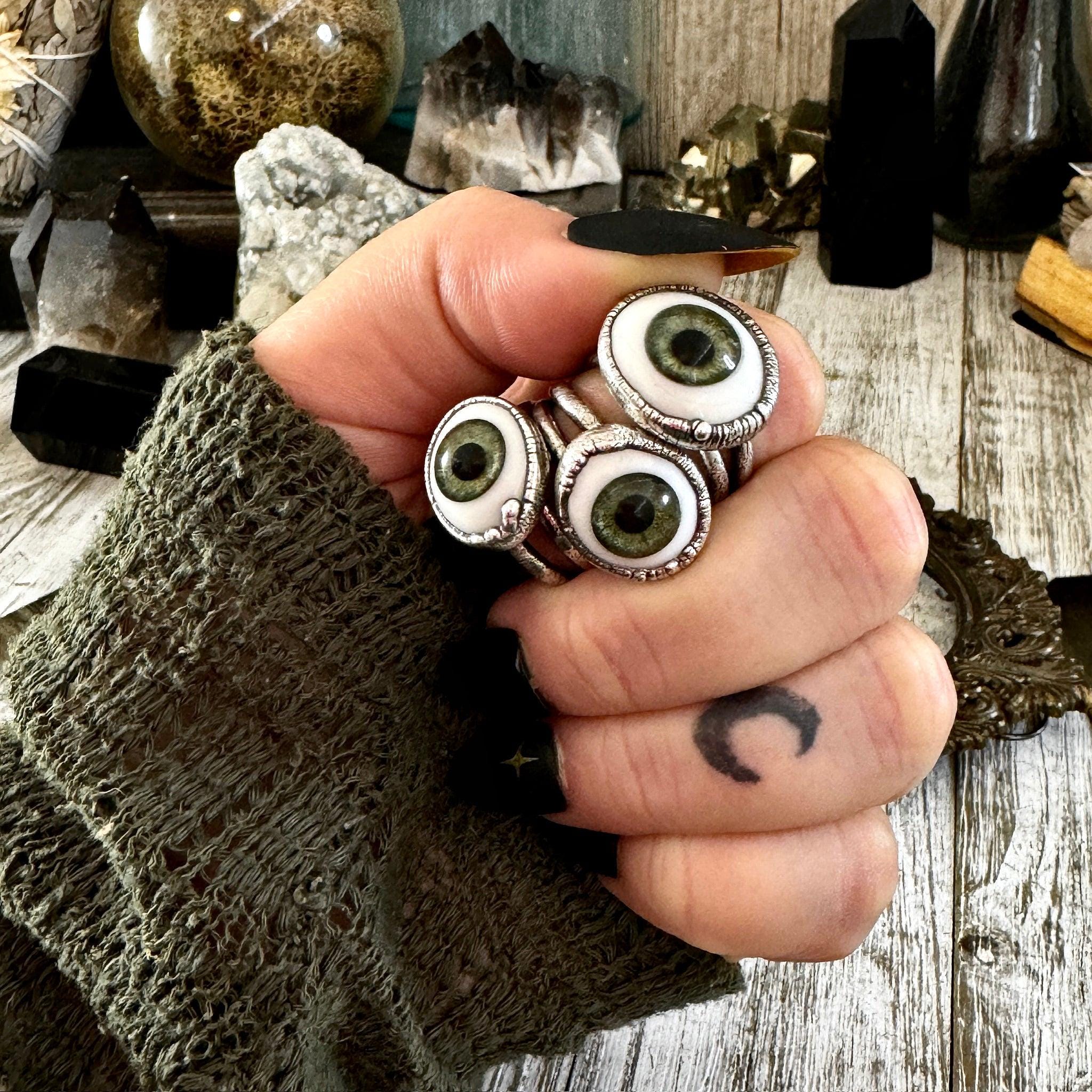 Green Iris Glass Eye Ring Silver Size 6 7 8 9 10 / Foxlark