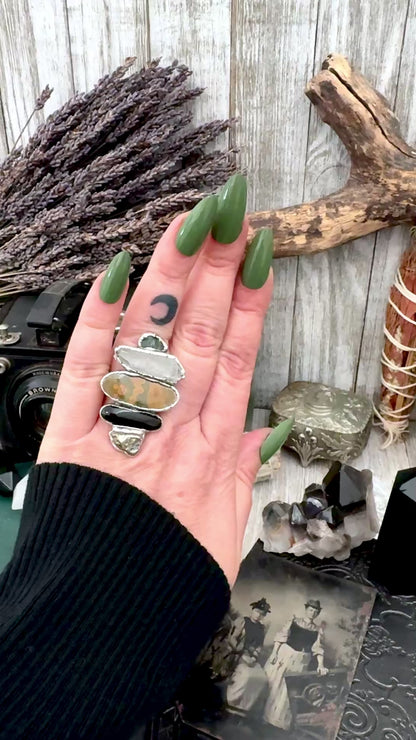 Multi Stone Moss Agate Clear Quartz Ocean Jasper Black Onyx & Pyrite Ring In Fine Silver Size 8 / Foxlark Collection