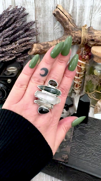Multi Stone Black Obsidian Smoky Quartz Clear Quartz & Moss Agate Ring In Fine Silver Size 11 / Foxlark Collection
