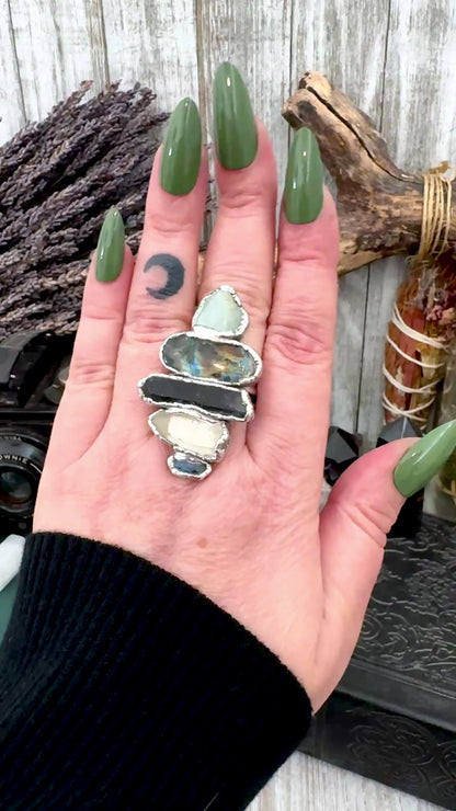 Multi Stone Amazonite Labradorite Smoky Quartz Clear Quartz & Blue Kyanite Ring In Fine Silver Size 9 / Foxlark Collection