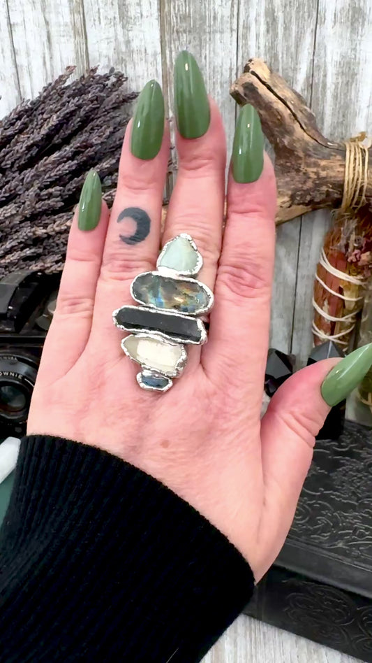 Multi Stone Amazonite Labradorite Smoky Quartz Clear Quartz & Blue Kyanite Ring In Fine Silver Size 9 / Foxlark Collection