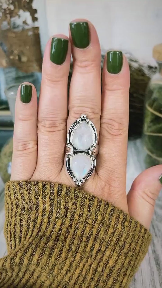 Mystic Moons Rainbow Moonstone Crystal Ring in Solid Sterling Silver- Designed by FOXLARK Collection Adjustable Ring Size Range 6-9