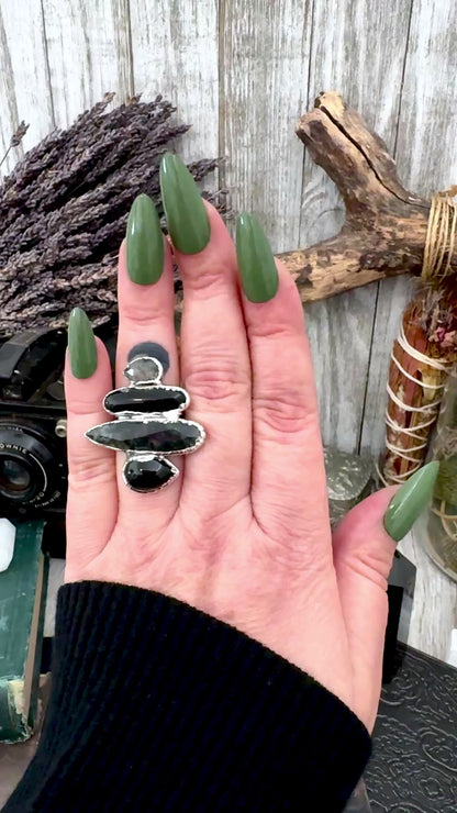 Multi Stone Obsidian Moss Agate & Black Onyx  Ring In Fine Silver Size 7 / Foxlark Collection