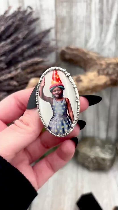 The Weirdlings - Printed Wooden Cabochon (resin sealed) Ring Fine Silver Size 7.5 / One of a Kind