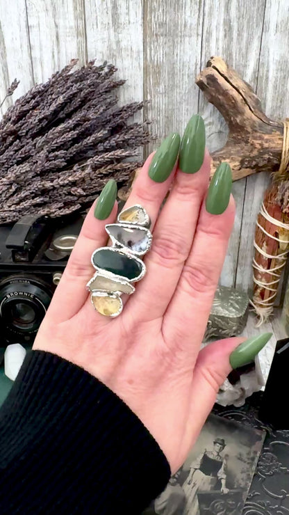 Multi Stone Citrine Dendritic Agate Bloodstone & Clear Quartz  Ring In Fine Silver Size 7 / Foxlark Collection