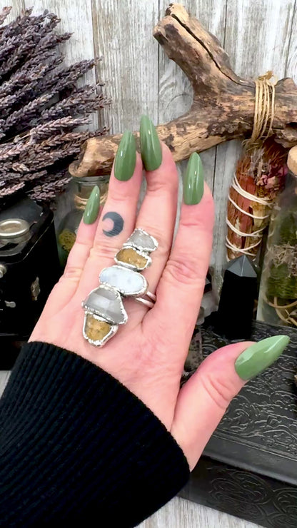 Multi Stone Clear Quartz Citrine & Rainbow Moonstone Ring In Fine Silver Size 10 / Foxlark Collection