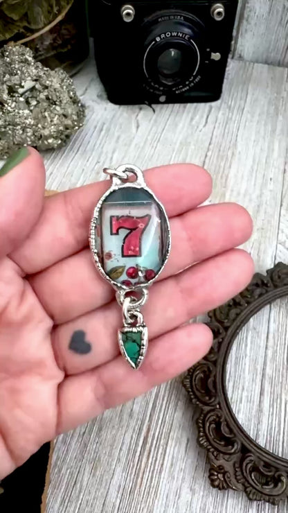 Road To Nowhere - Lucky Number 7 / Slot Machine With Turquoise Charm Necklace Fine Silver - One of a Kind