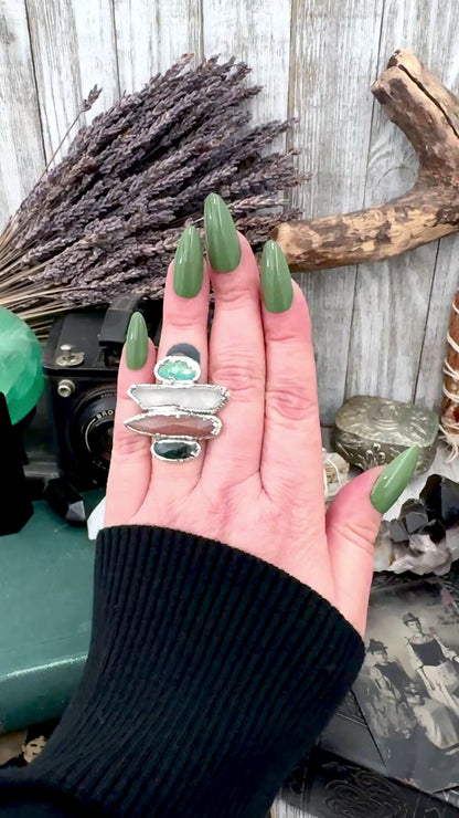 Multi Stone Moss Agate Peach Moonstone Clear Quartz & Turquoise Ring In Fine Silver Size 7 / Foxlark Collection