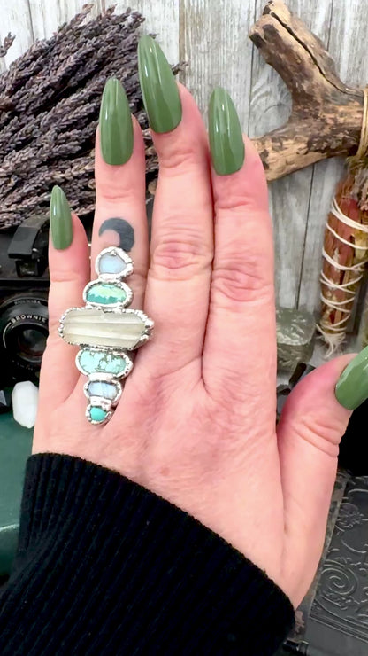 Multi Stone Turquoise Rainbow Moonstone & Clear Quartz Ring In Fine Silver Size 8 / Foxlark Collection