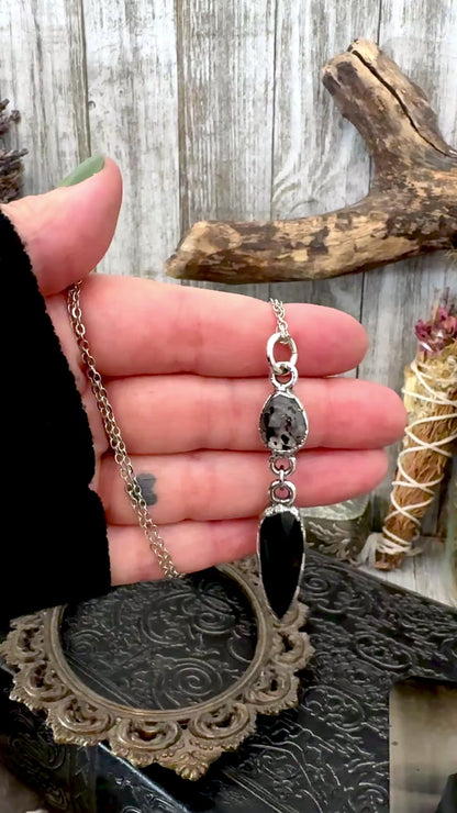 Multi Stone Graphite Included Quarts and Black Onyx Charm Necklace in Fine Silver / Foxlark Collection