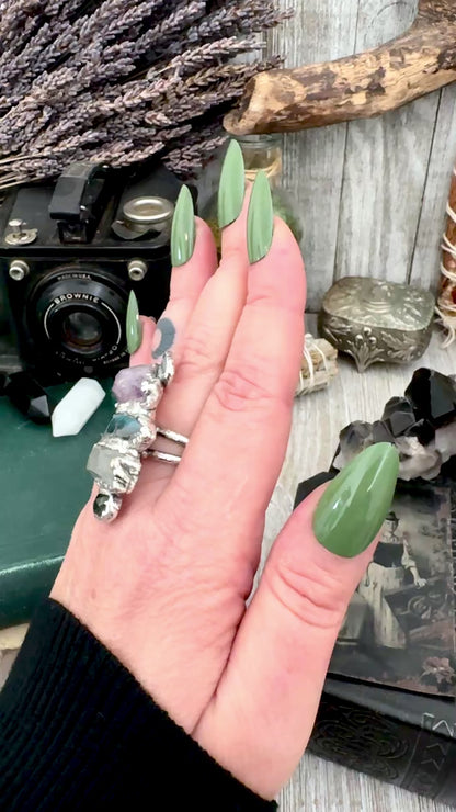 Multi Stone Moss Agate Clear Quartz Labradorite Amethyst & Rainbow Moonstone Ring In Fine Silver Size 10 / Foxlark Collection