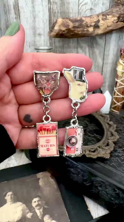 Mismatch Long Fine Silver Earrings - Vintage Cat, Matchbox, Rabbit and Camera / One of a Kind