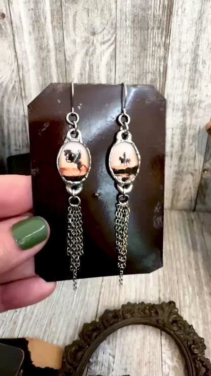 Road To Nowhere - Mismatched Vintage Cowboy On Horse Fine Silver Long Fringe Earrings