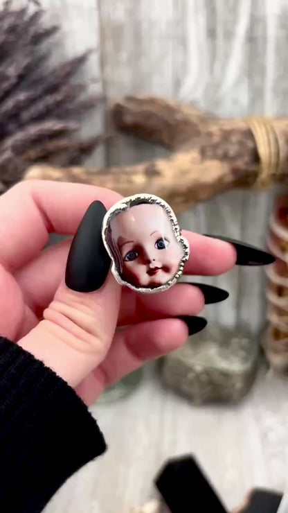 The Weirdlings - Printed Wooden Cabochon (resin sealed) Ring Fine Silver Size 9 / One of a Kind